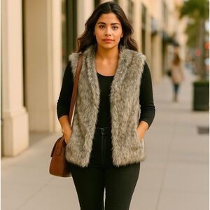 Evan Picone Faux Fur Vest Womens 3X Gray Sleeveless Open Front Cozy Layering